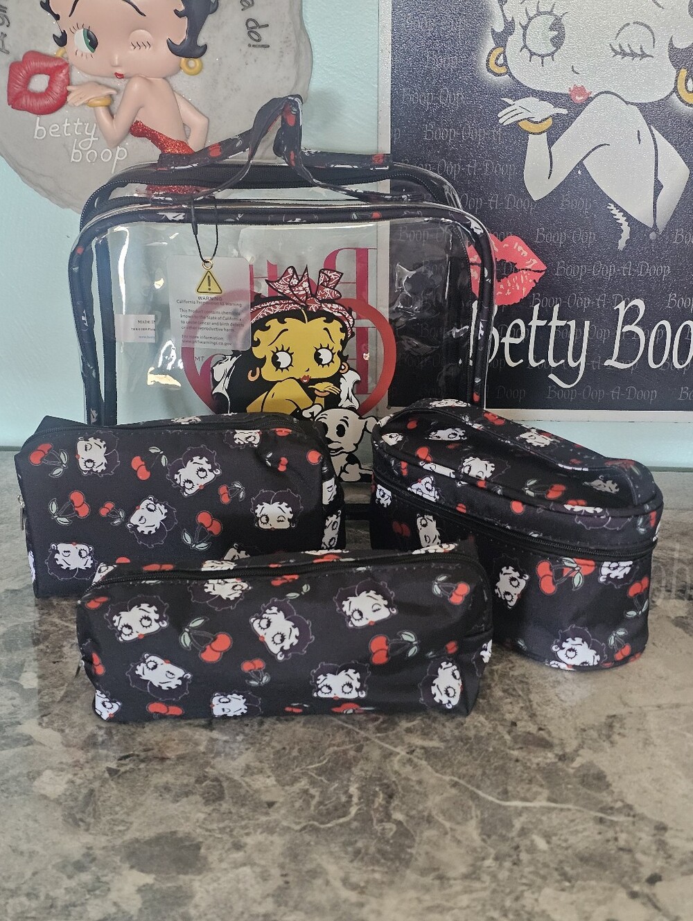 4 Betty Boop Clear Cosmetic Bag with Black & Red Heart Design